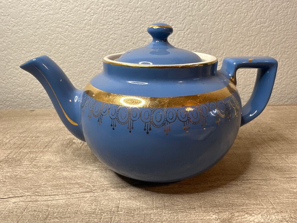 Vintage MCM Hall Pottery Ceramic Blue and Gold Toned Accents Teapot Made in USA